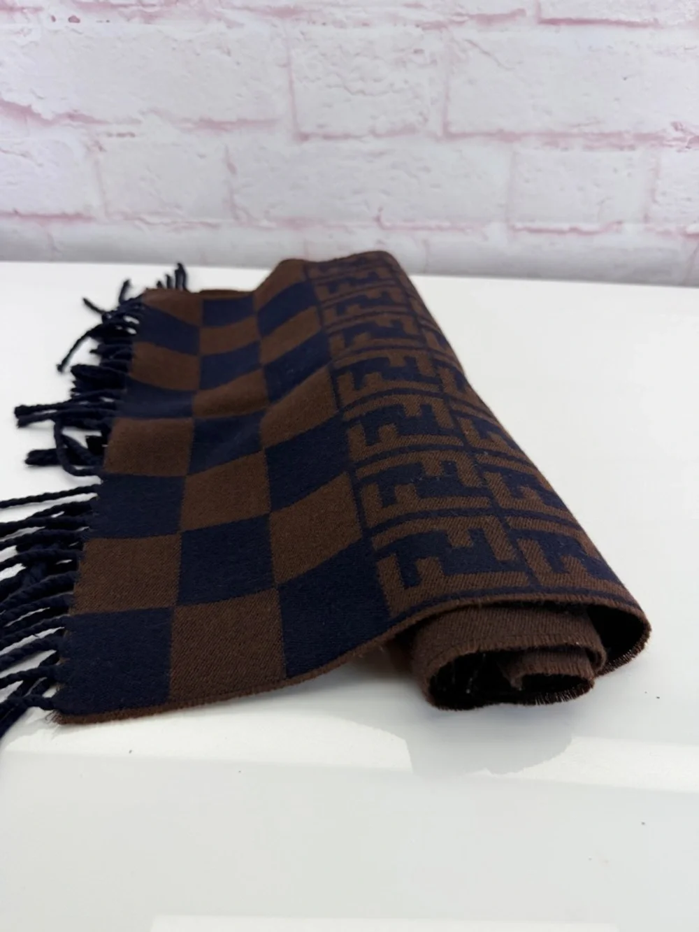 Fendi Brown and Navy Checker Scarf with FF Logo Fringe